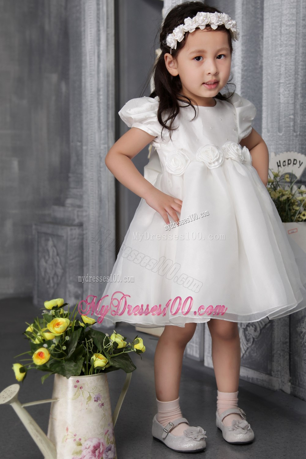 White A-line / Princess Scoop Tea-length Organza Hand Made Flowers Flower Girl Dress