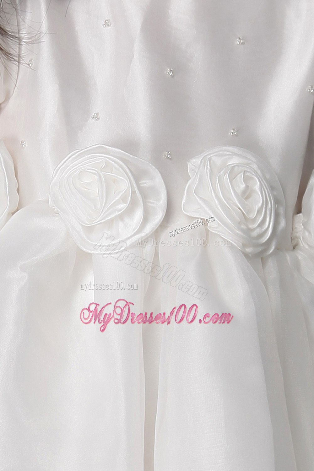 White A-line / Princess Scoop Tea-length Organza Hand Made Flowers Flower Girl Dress