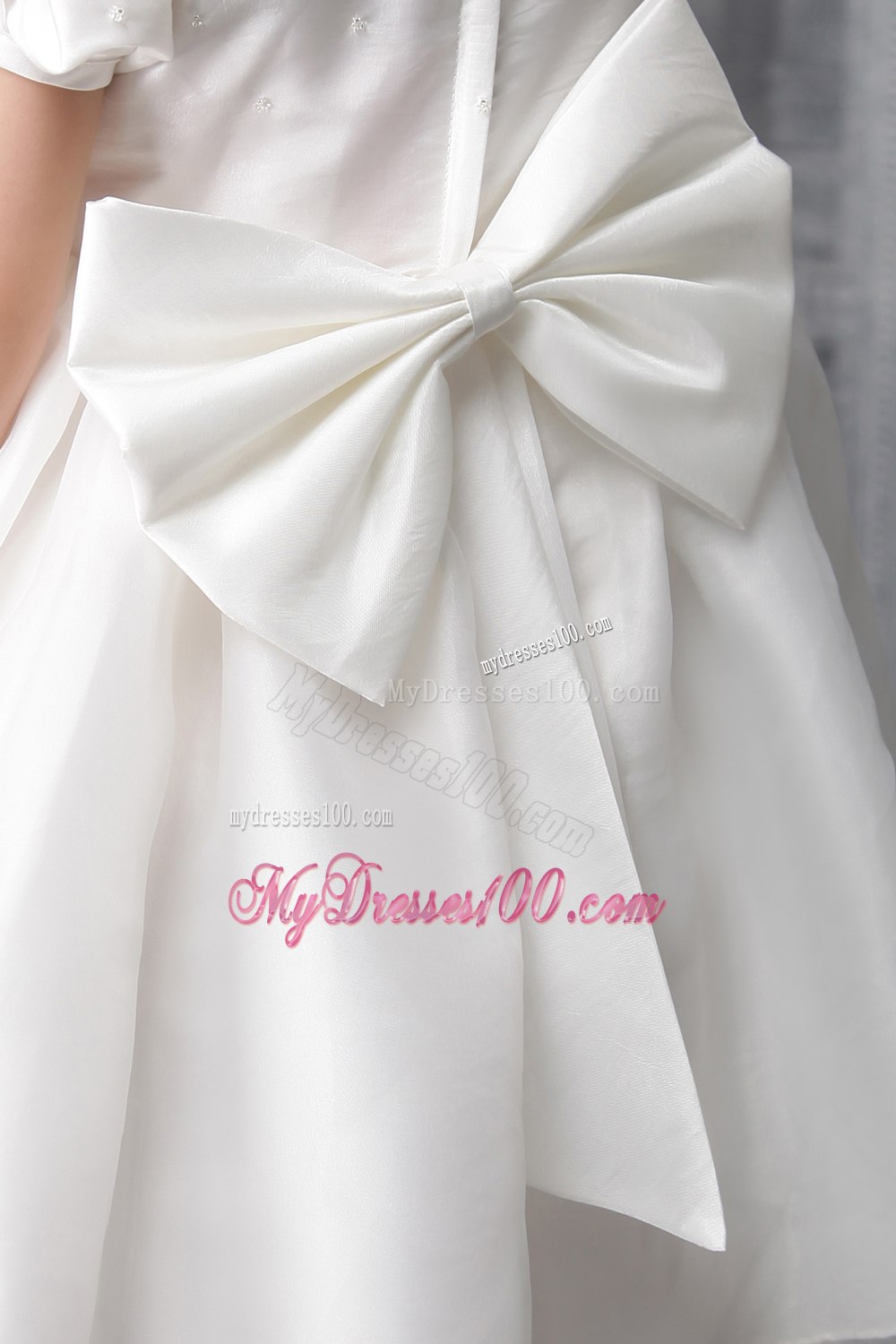 White A-line / Princess Scoop Tea-length Organza Hand Made Flowers Flower Girl Dress