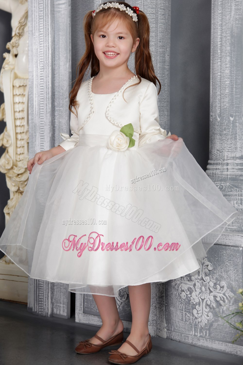 White Princess Scoop Tea-length Organza Sash Flower Girl Dress