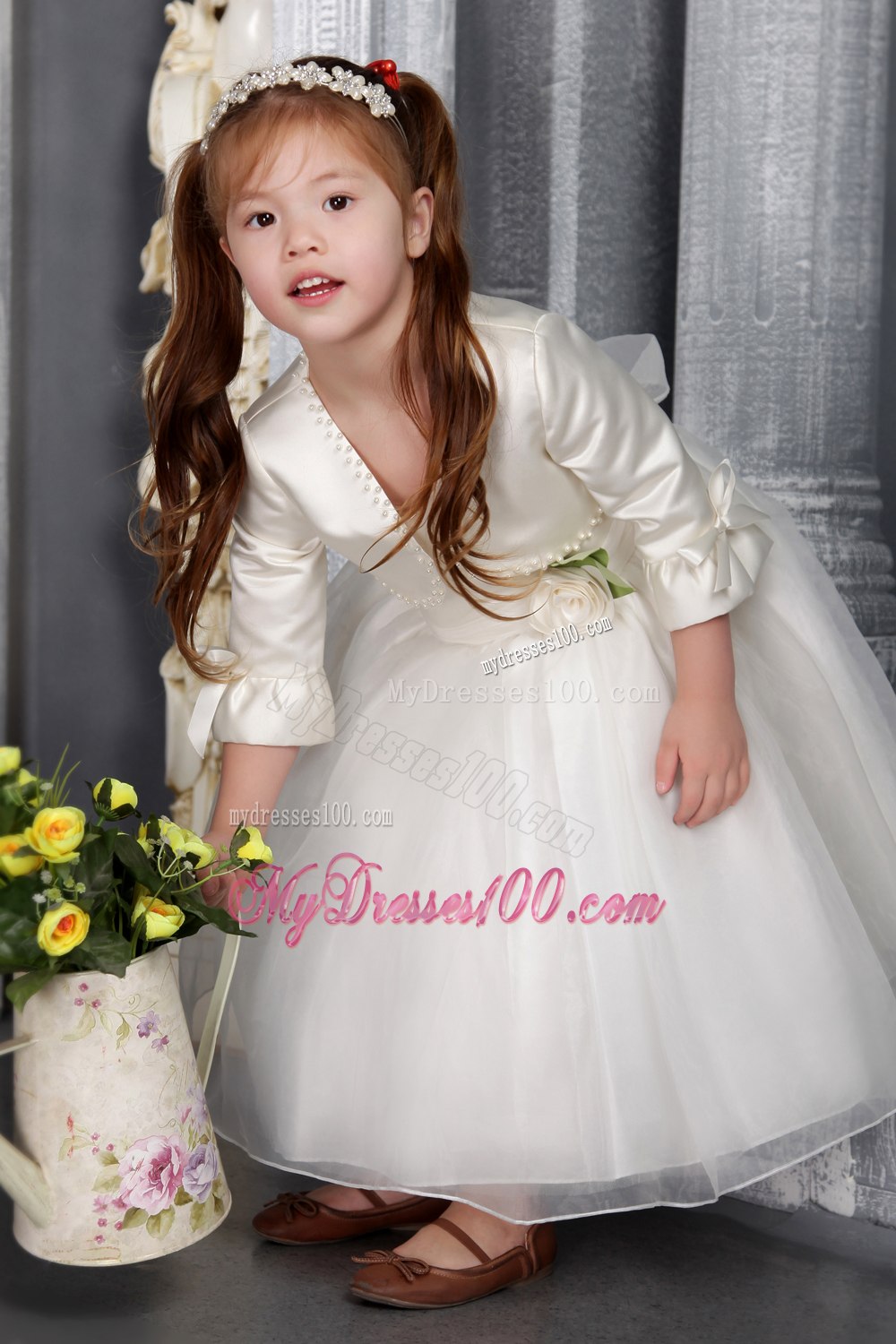 White Princess Scoop Tea-length Organza Sash Flower Girl Dress