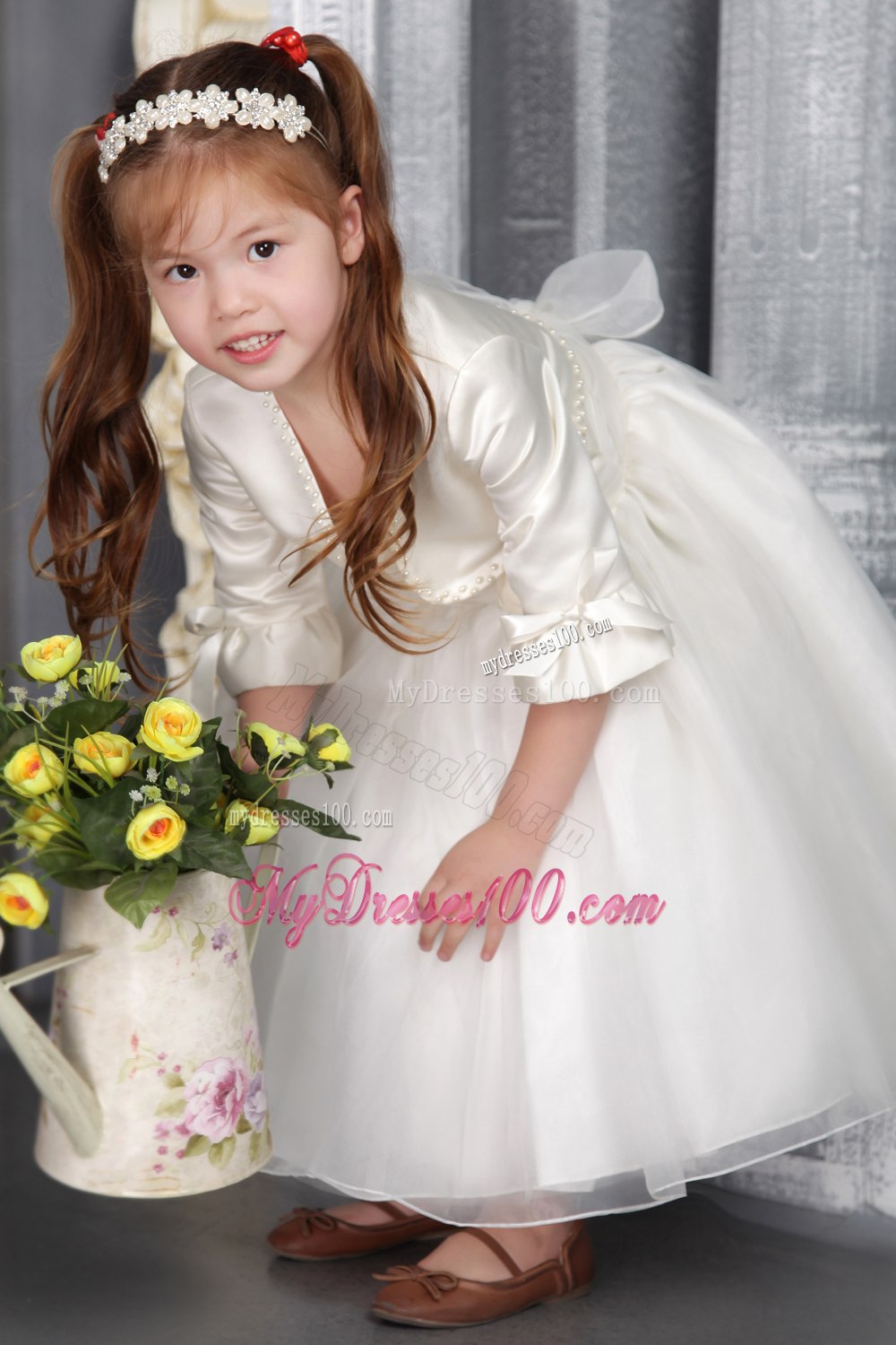 White Princess Scoop Tea-length Organza Sash Flower Girl Dress