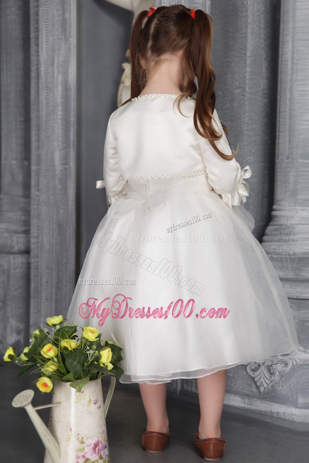 White Princess Scoop Tea-length Organza Sash Flower Girl Dress