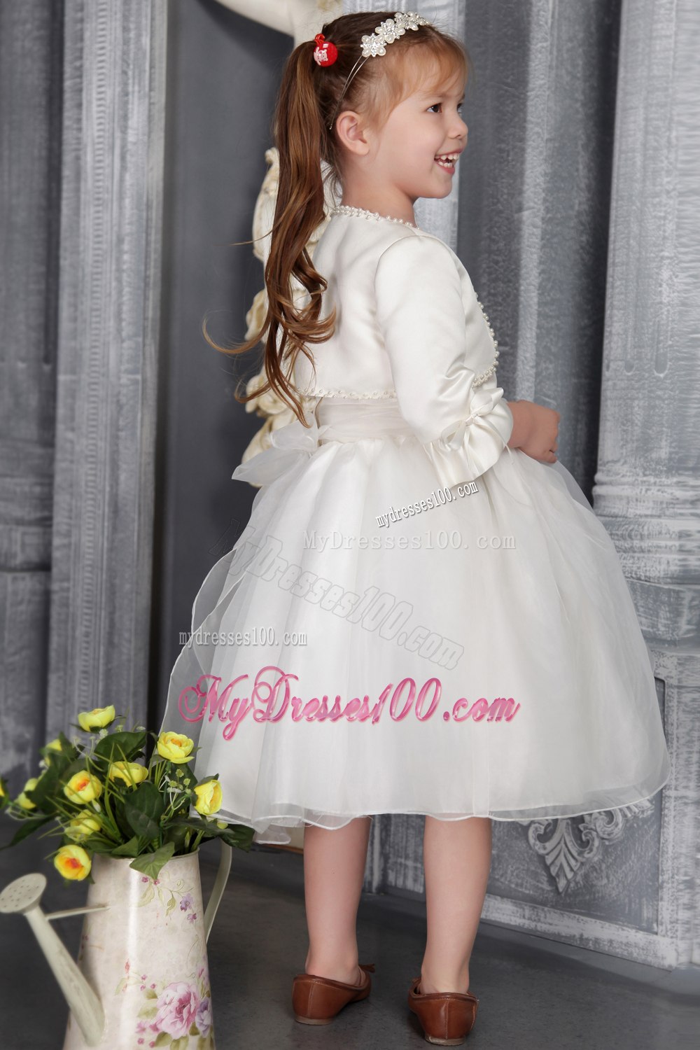 White Princess Scoop Tea-length Organza Sash Flower Girl Dress
