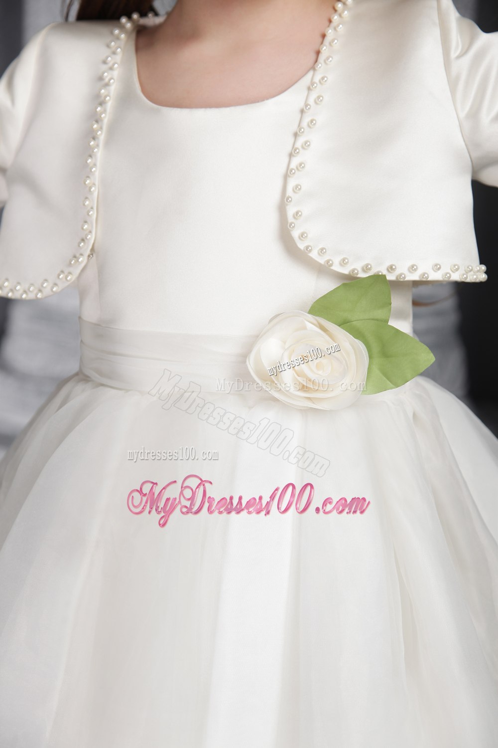 White Princess Scoop Tea-length Organza Sash Flower Girl Dress