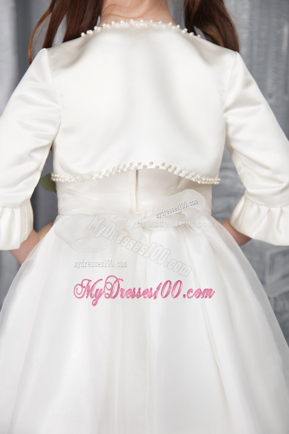 White Princess Scoop Tea-length Organza Sash Flower Girl Dress