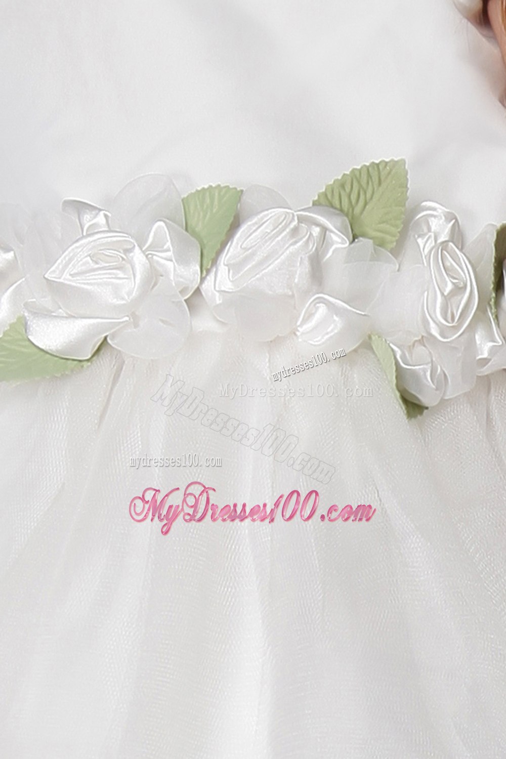 White A-line / Princess Square Tea-length Tulle Hand Made Flowers Flower Girl Dress