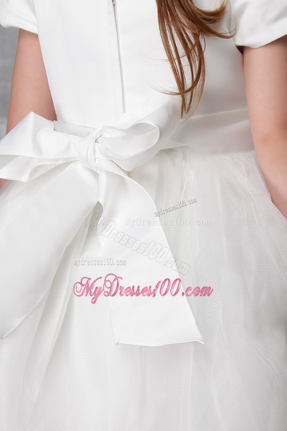 White A-line / Princess Square Tea-length Tulle Hand Made Flowers Flower Girl Dress