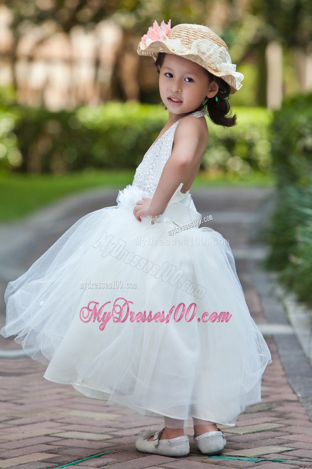 White Halter Ankle-length Taffeta and Tulle Beading and Flower Girl Dress