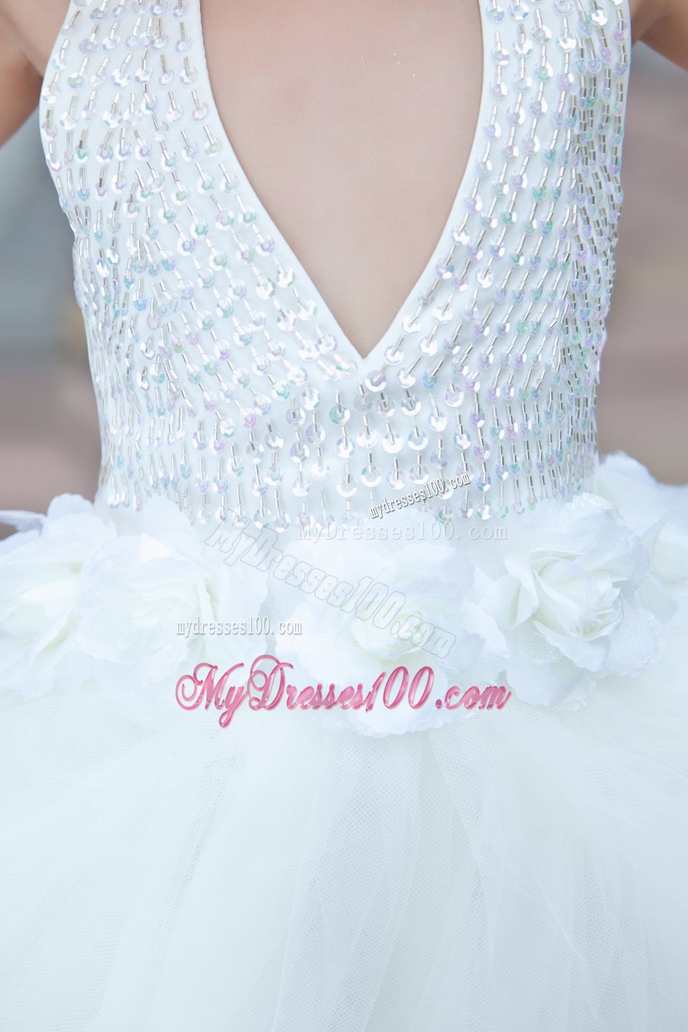 White Halter Ankle-length Taffeta and Tulle Beading and Flower Girl Dress