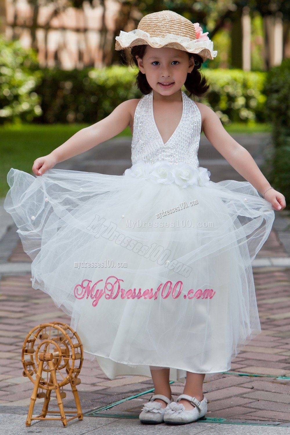 White Halter Ankle-length Taffeta and Tulle Beading and Flower Girl Dress