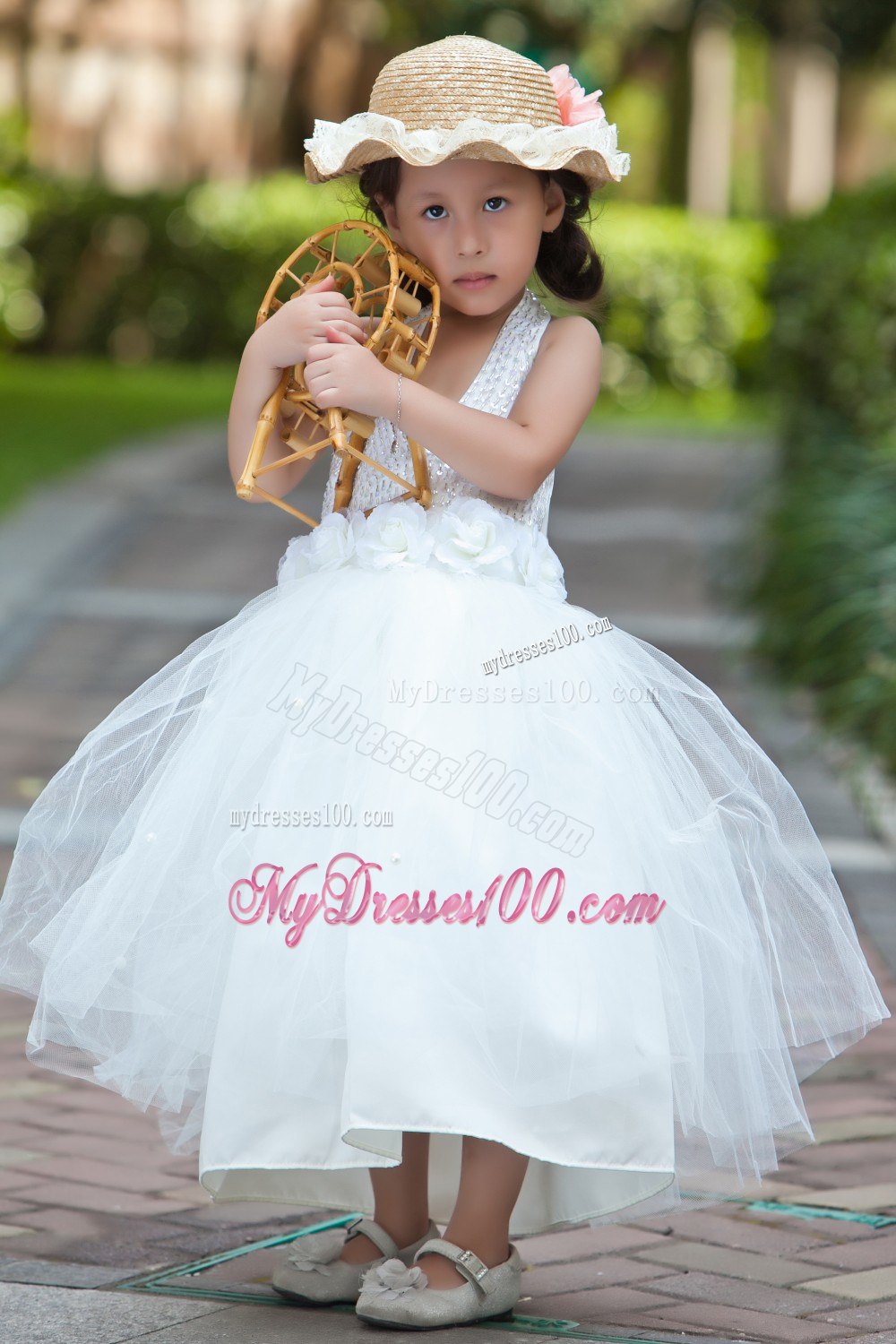 White Halter Ankle-length Taffeta and Tulle Beading and Flower Girl Dress