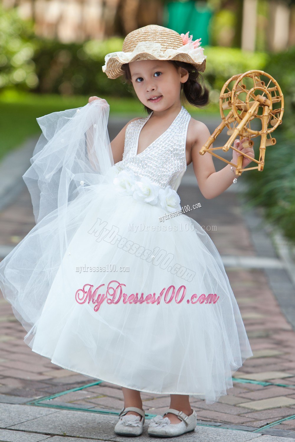 White Halter Ankle-length Taffeta and Tulle Beading and Flower Girl Dress