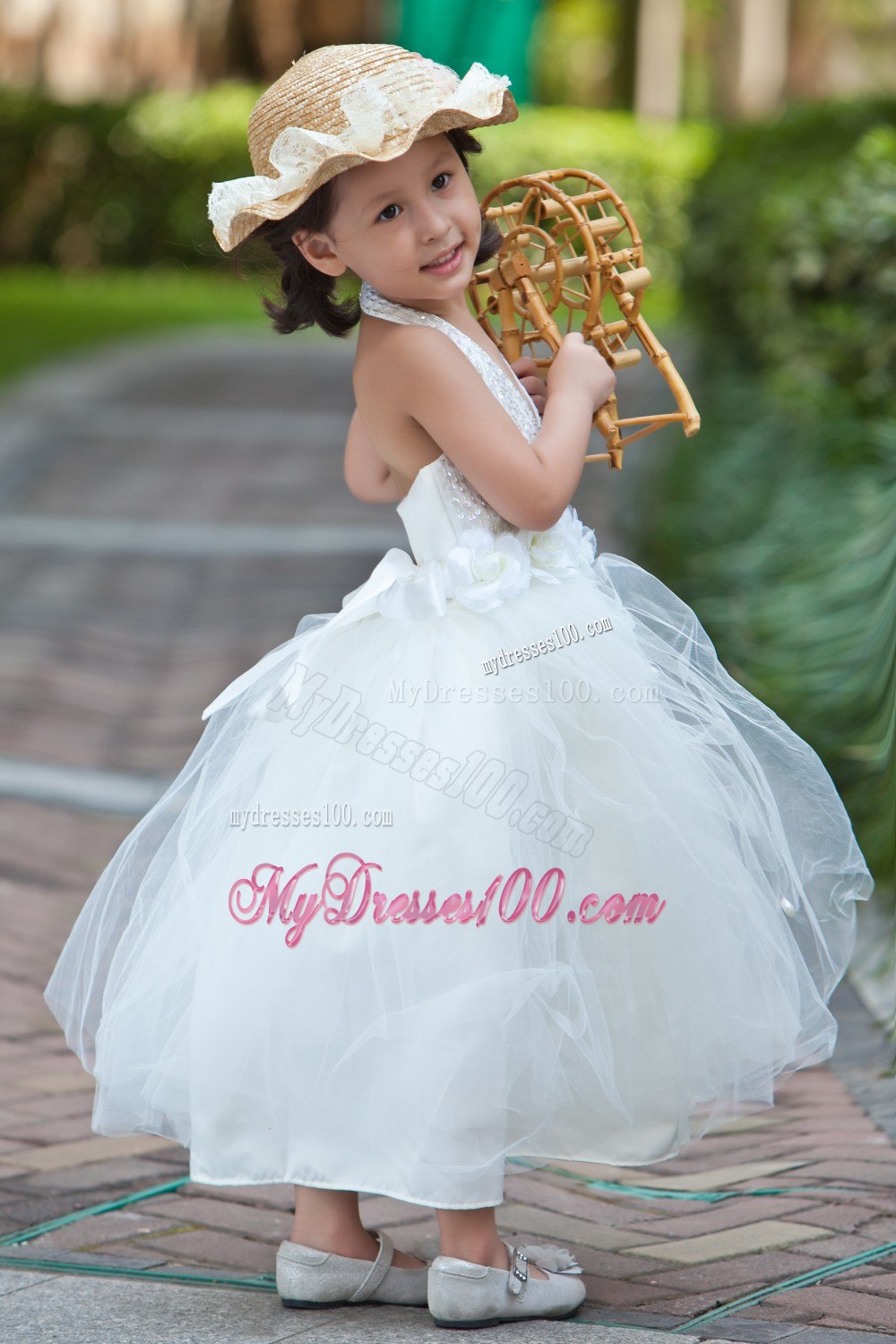 White Halter Ankle-length Taffeta and Tulle Beading and Flower Girl Dress