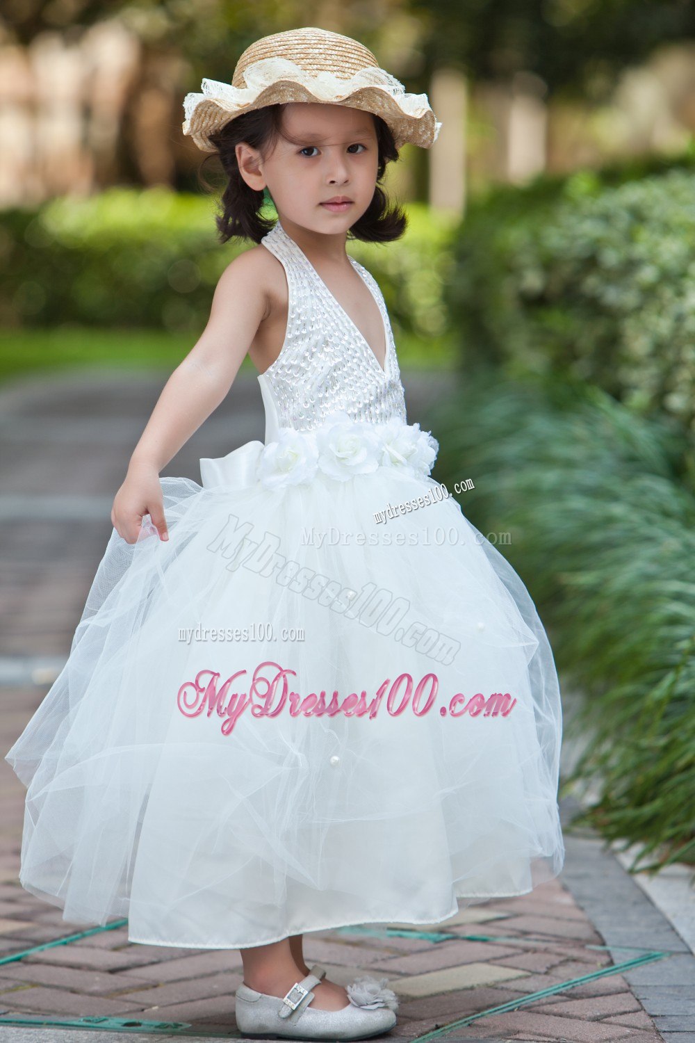 White Halter Ankle-length Taffeta and Tulle Beading and Flower Girl Dress