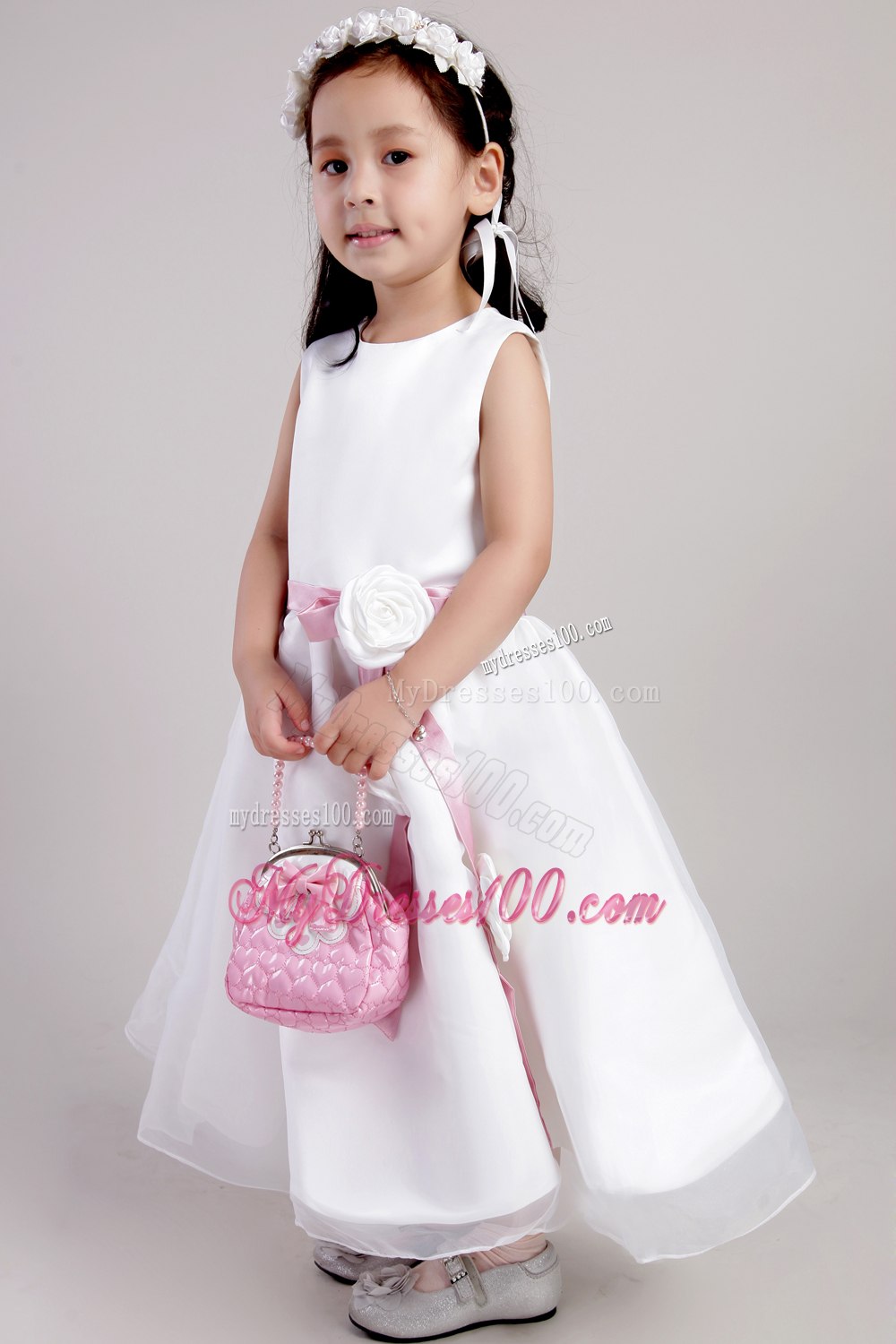 White A-line Scoop Ankle-length Organza Belt and Handle Made Flowers Little Girl Dress