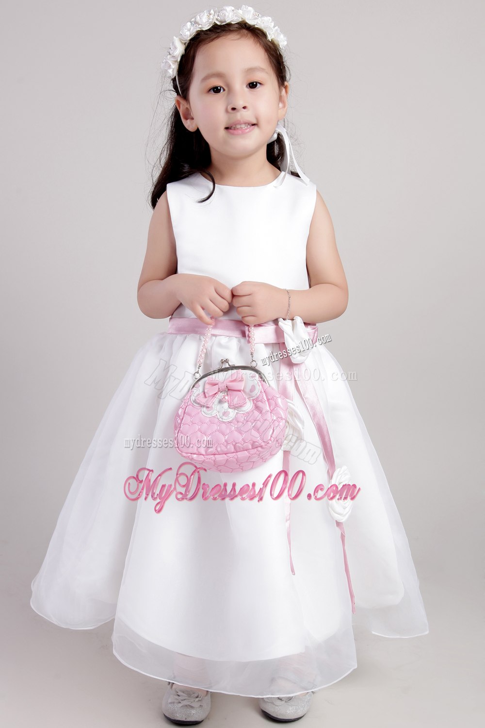 White A-line Scoop Ankle-length Organza Belt and Handle Made Flowers Little Girl Dress