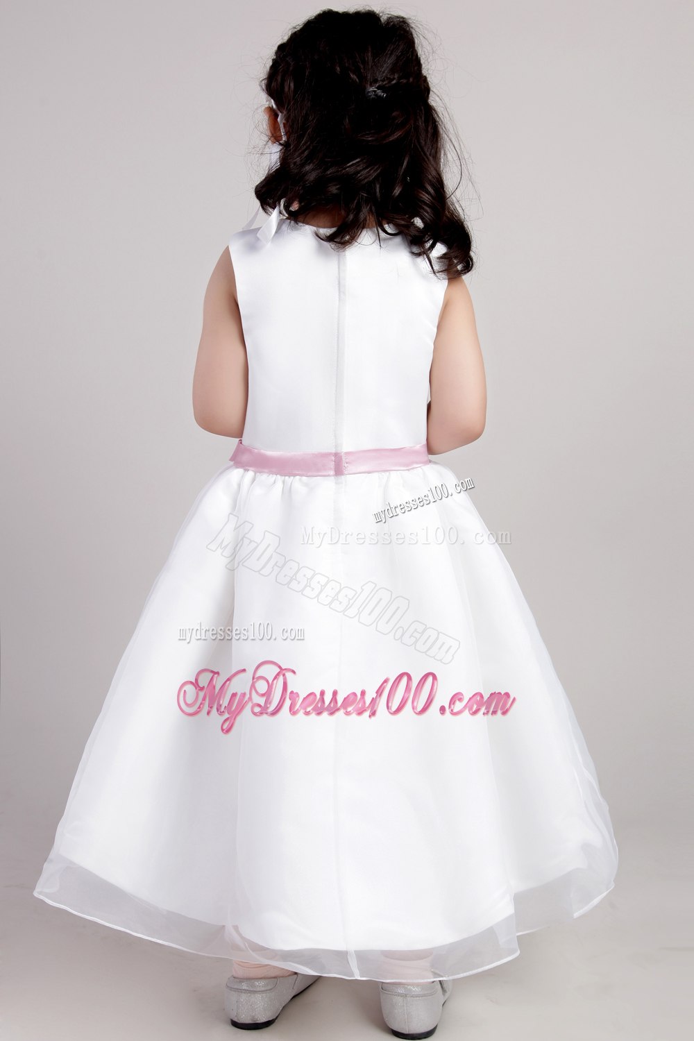 White A-line Scoop Ankle-length Organza Belt and Handle Made Flowers Little Girl Dress