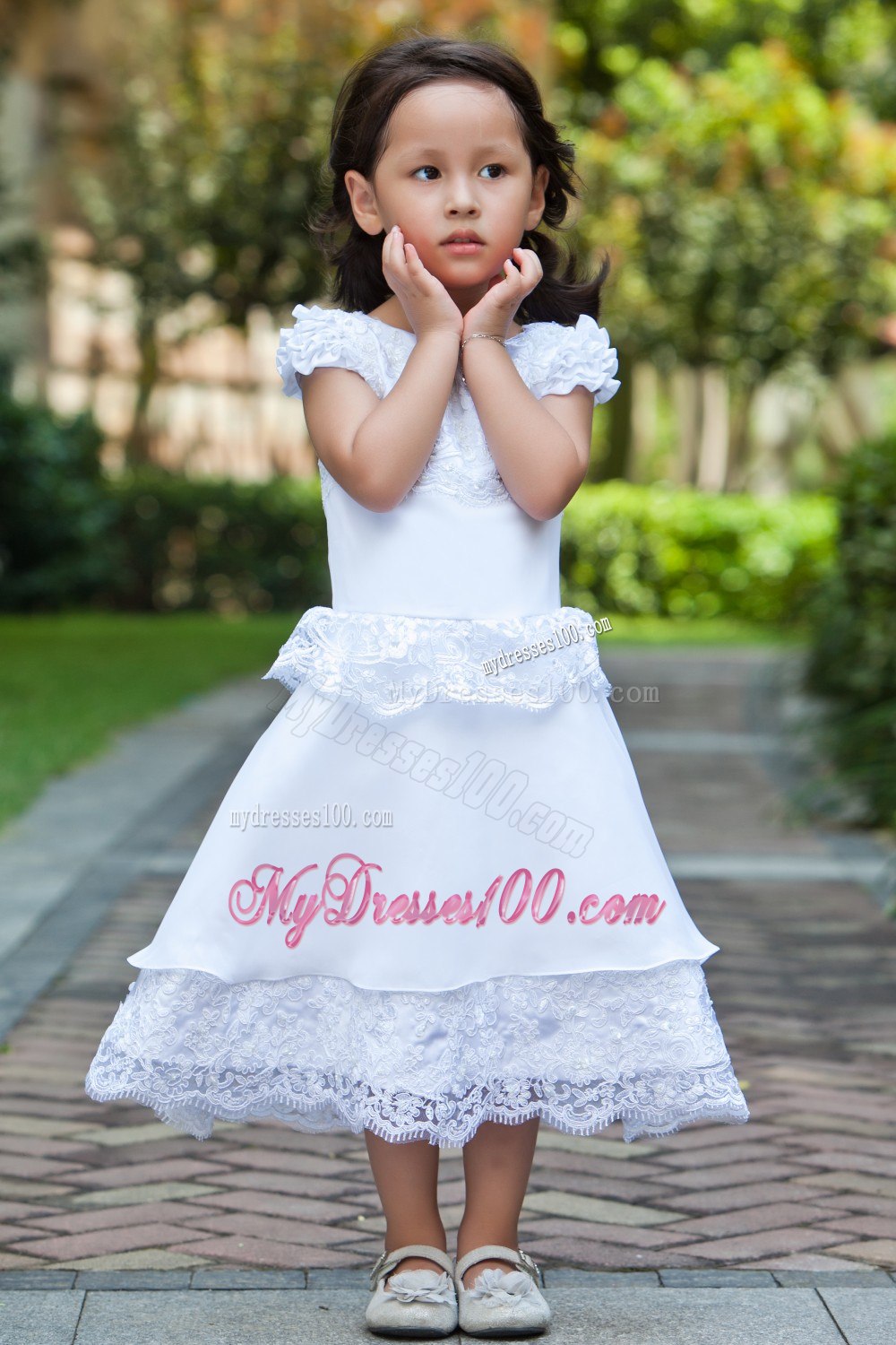 White A-line Scoop Ankle-length Taffeta and Lace Flower Girl Dress