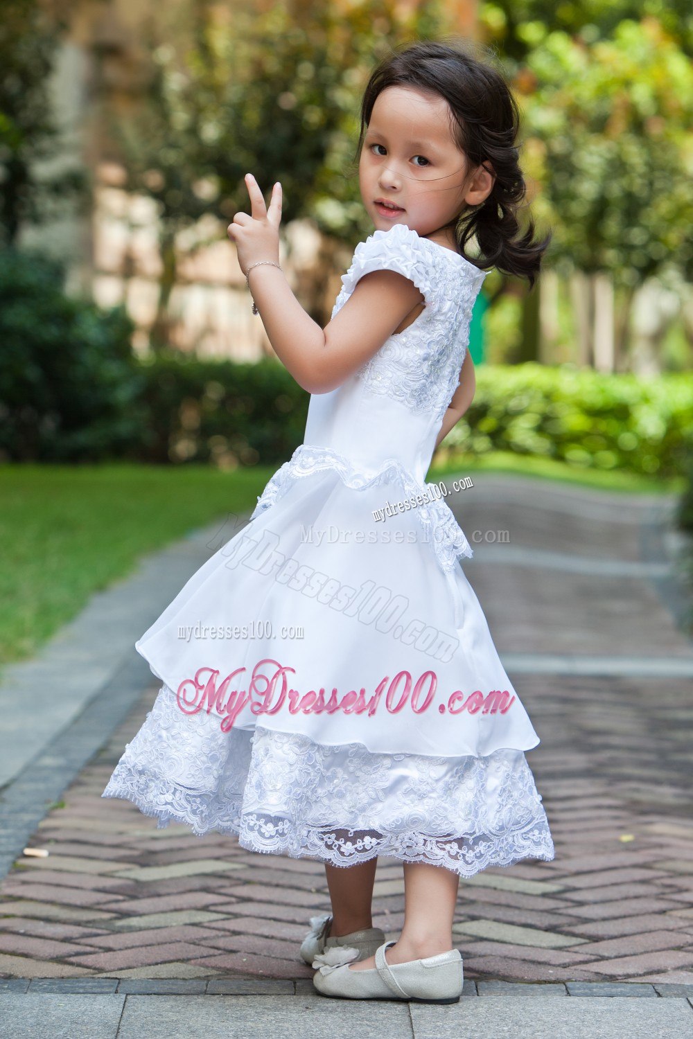 White A-line Scoop Ankle-length Taffeta and Lace Flower Girl Dress