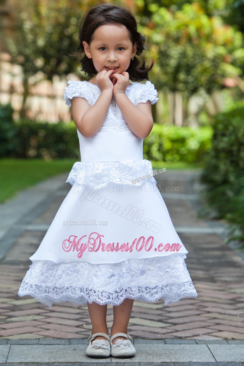 White A-line Scoop Ankle-length Taffeta and Lace Flower Girl Dress