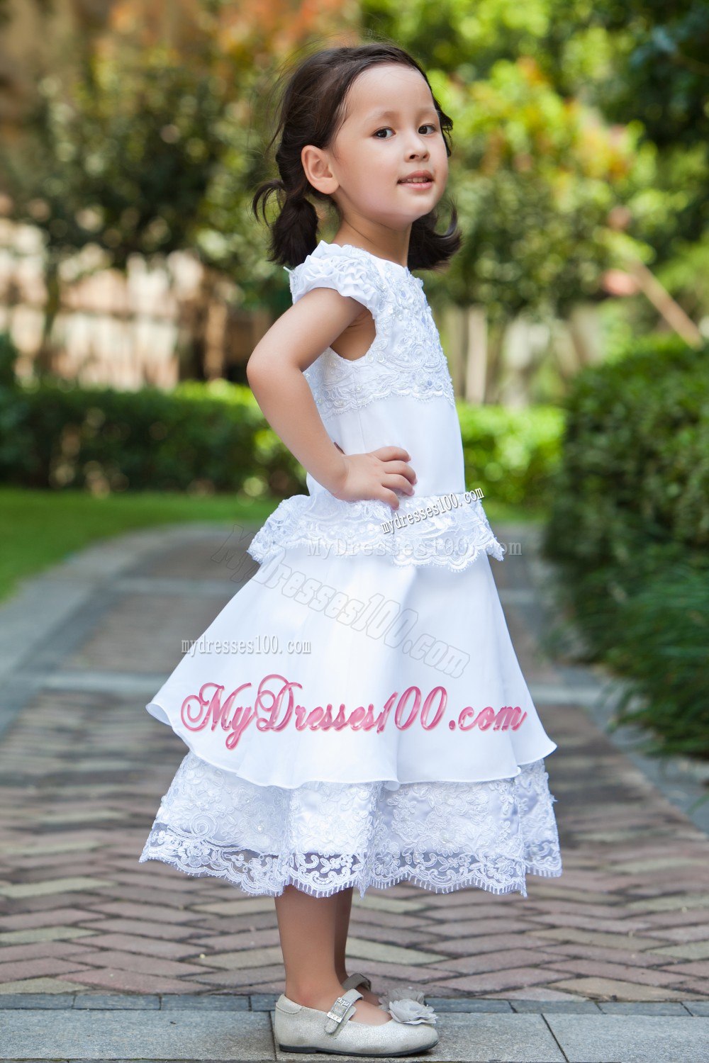 White A-line Scoop Ankle-length Taffeta and Lace Flower Girl Dress