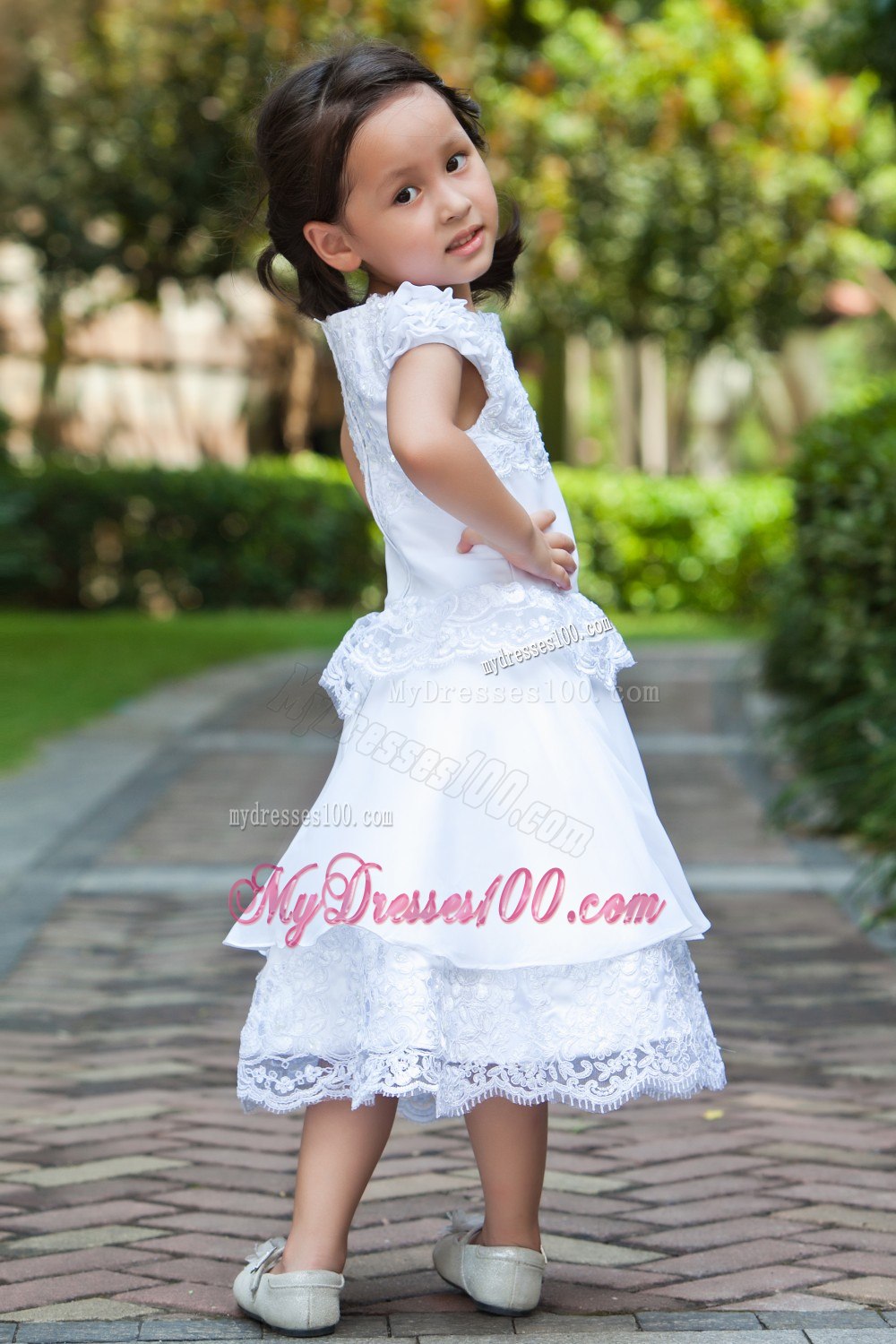 White A-line Scoop Ankle-length Taffeta and Lace Flower Girl Dress