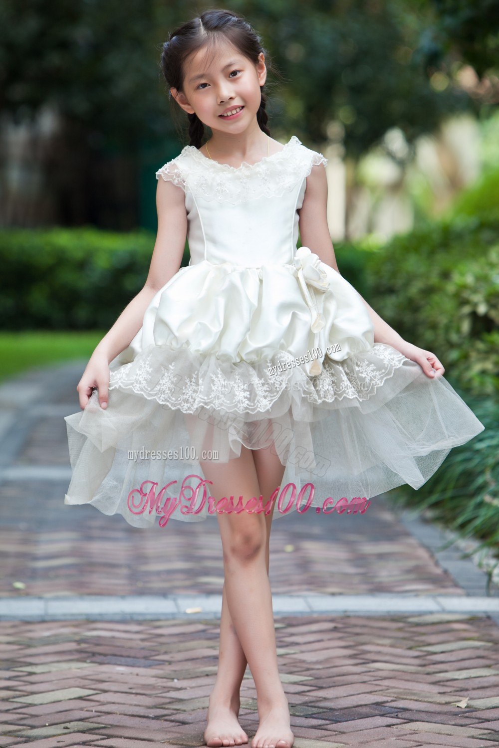 White Scoop Mini-length Taffeta and Organza Lace Flower Girl Dress