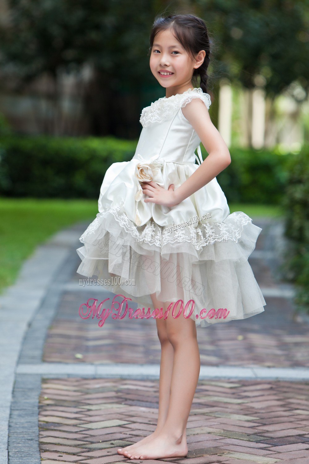 White Scoop Mini-length Taffeta and Organza Lace Flower Girl Dress