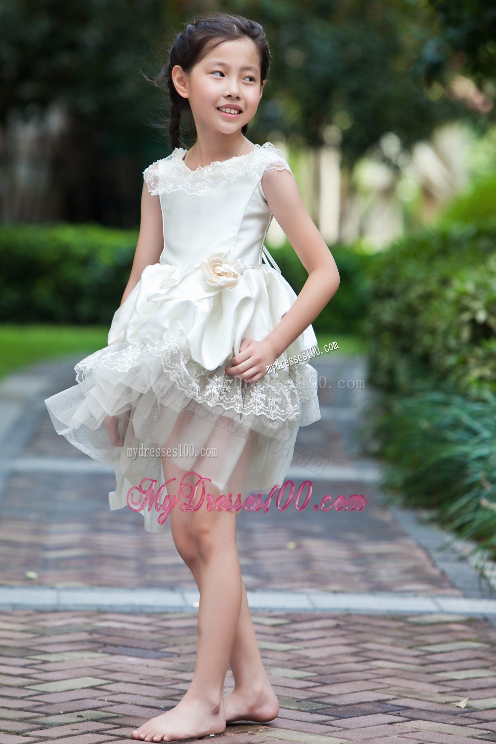 White Scoop Mini-length Taffeta and Organza Lace Flower Girl Dress