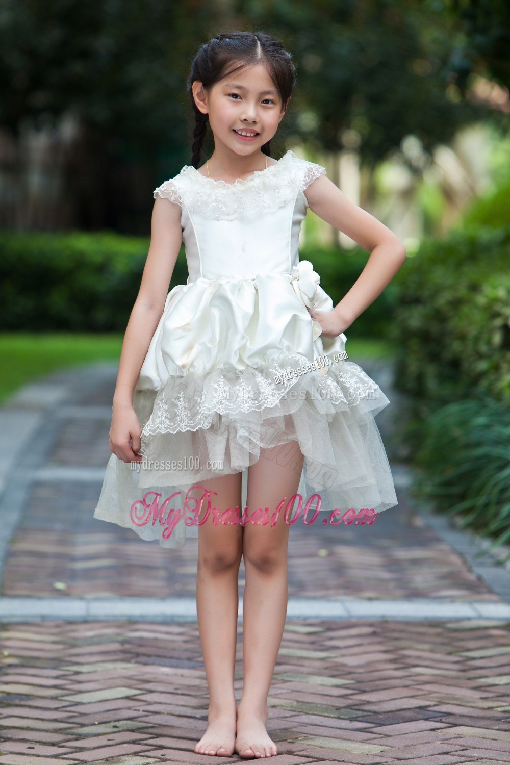 White Scoop Mini-length Taffeta and Organza Lace Flower Girl Dress