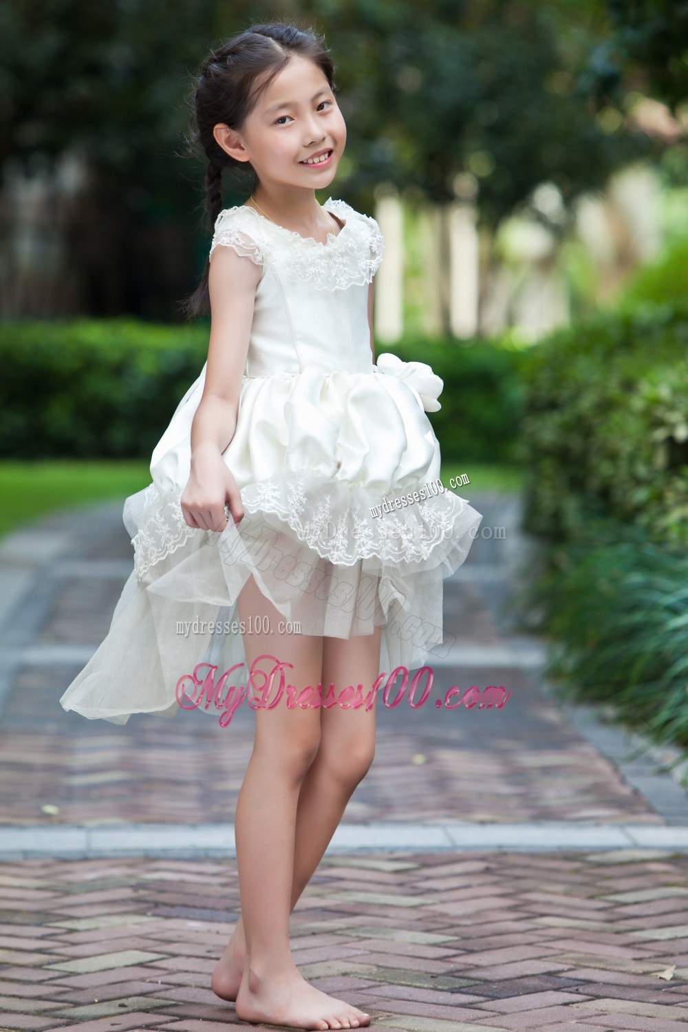 White Scoop Mini-length Taffeta and Organza Lace Flower Girl Dress