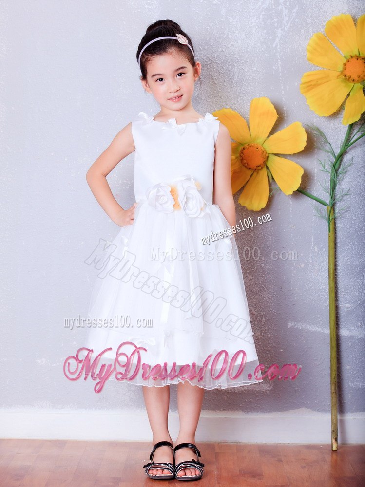 White Scoop Tea-length Organza Hand Made Flowers Baby Girl Dresses