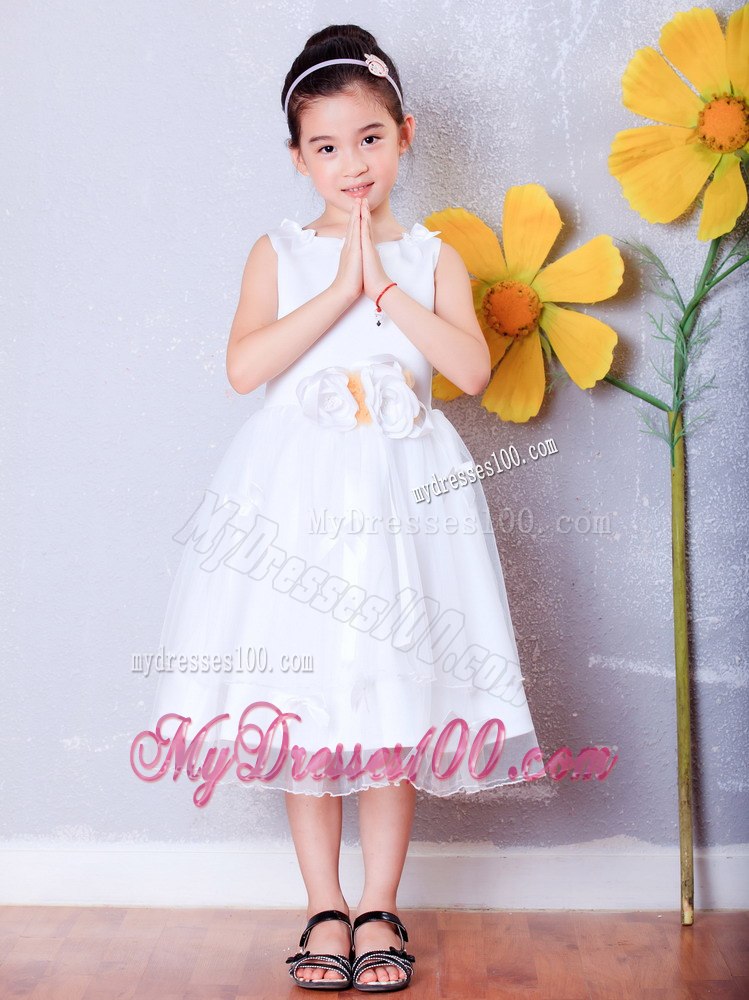 White Scoop Tea-length Organza Hand Made Flowers Baby Girl Dresses