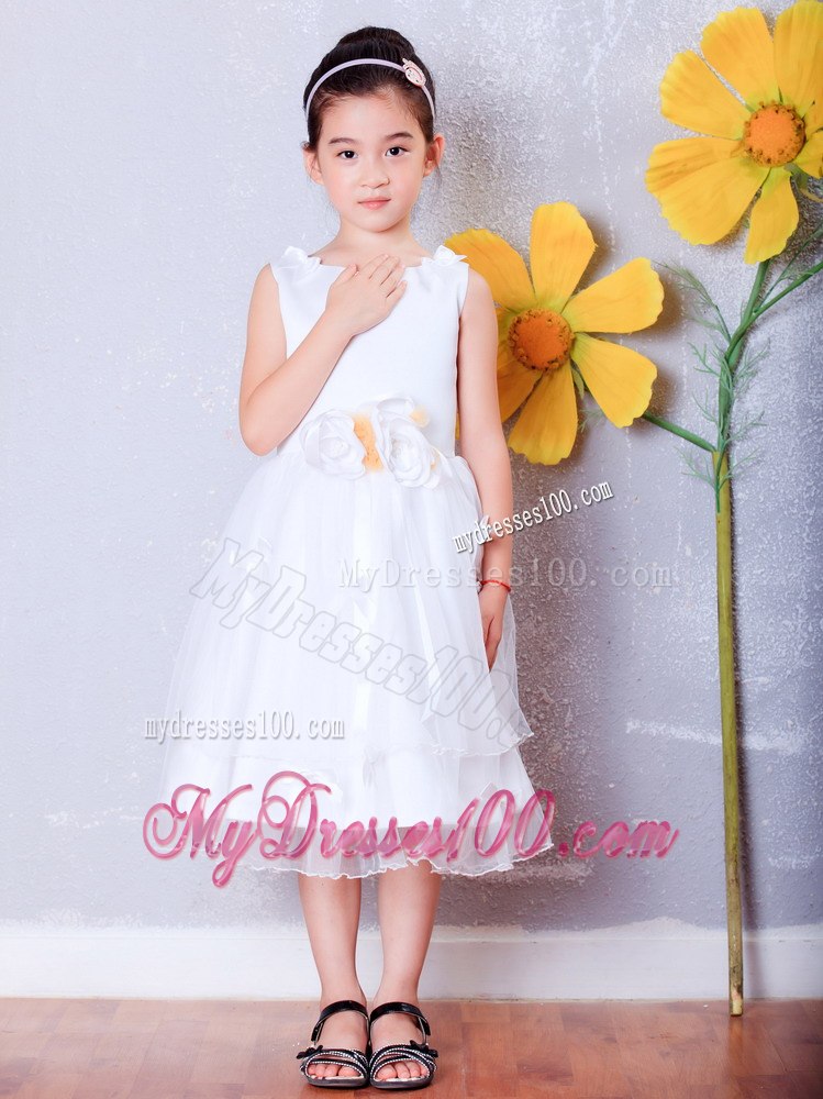 White Scoop Tea-length Organza Hand Made Flowers Baby Girl Dresses