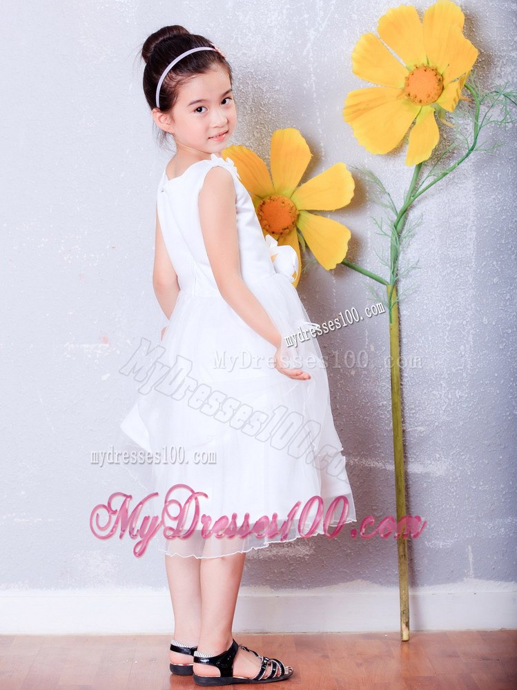 White Scoop Tea-length Organza Hand Made Flowers Baby Girl Dresses