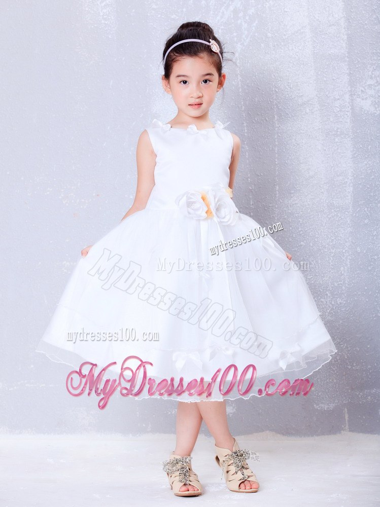 White A-line Scoop Tea-length Organza Hand Made Flowers Flower Girl Dress