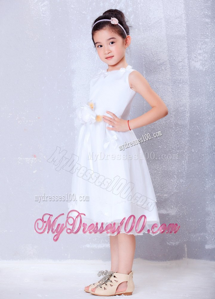 White A-line Scoop Tea-length Organza Hand Made Flowers Flower Girl Dress