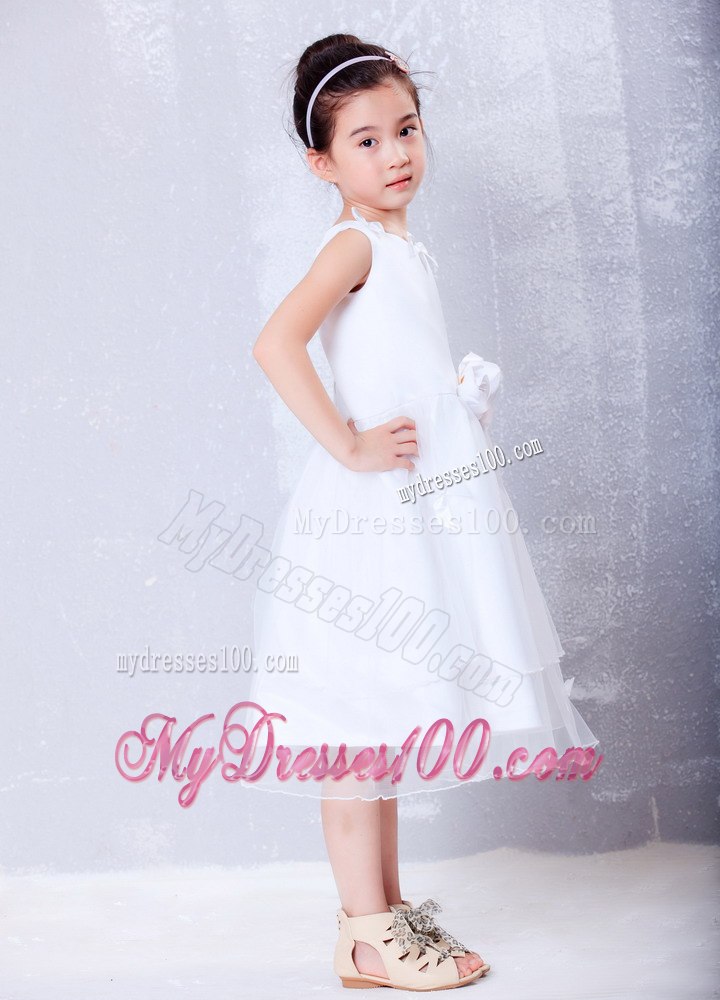 White A-line Scoop Tea-length Organza Hand Made Flowers Flower Girl Dress