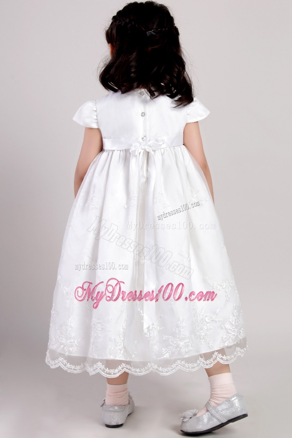 White A-line Scoop Tea-length Taffeta and Organza Appliques Flower Girl Dress