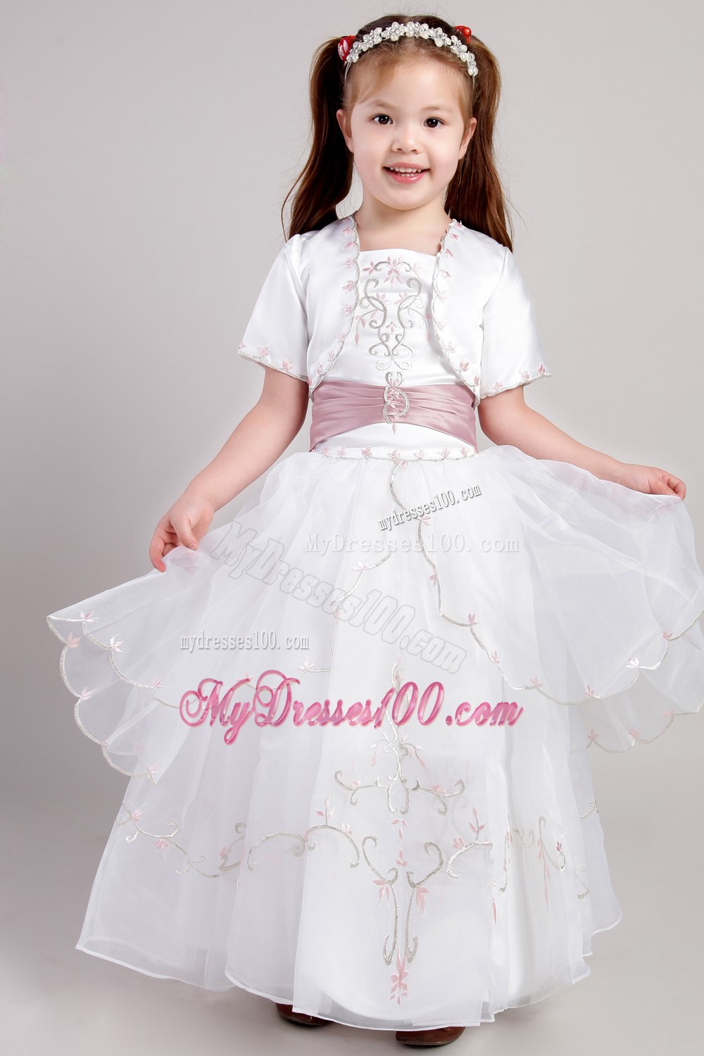 White A-line Square Ankle-length Taffeta and Organza Embroidery Flower Girl Dress