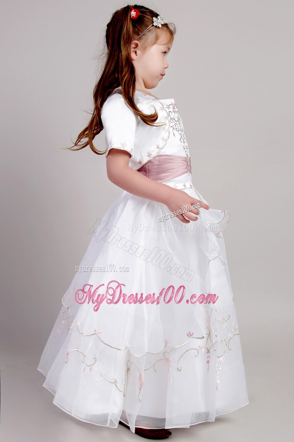 White A-line Square Ankle-length Taffeta and Organza Embroidery Flower Girl Dress