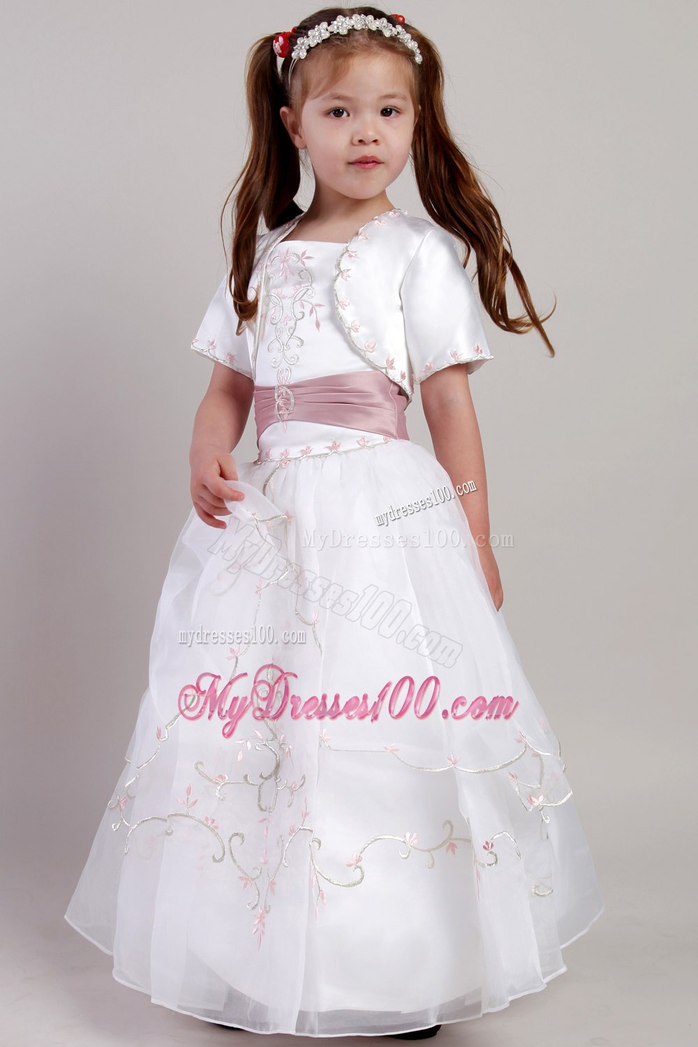 White A-line Square Ankle-length Taffeta and Organza Embroidery Flower Girl Dress