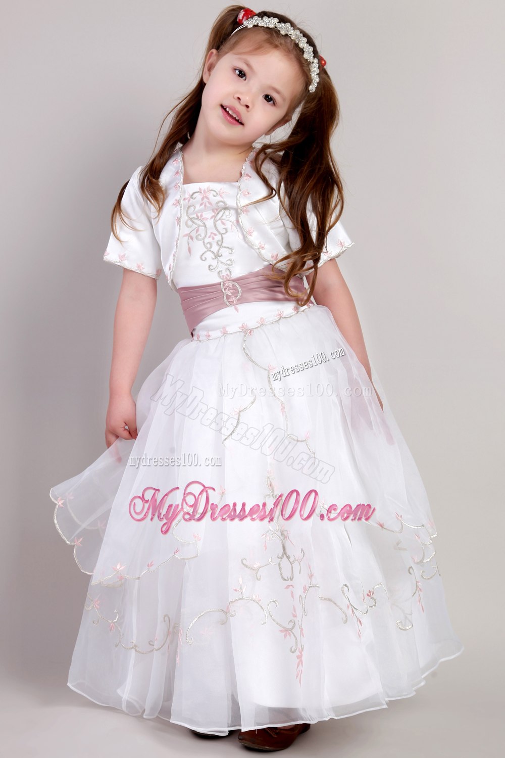 White A-line Square Ankle-length Taffeta and Organza Embroidery Flower Girl Dress