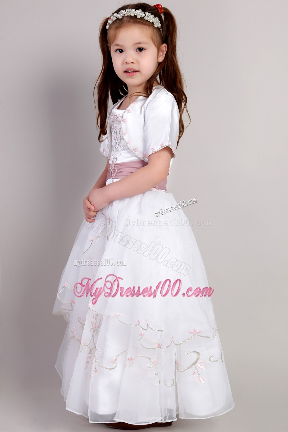 White A-line Square Ankle-length Taffeta and Organza Embroidery Flower Girl Dress