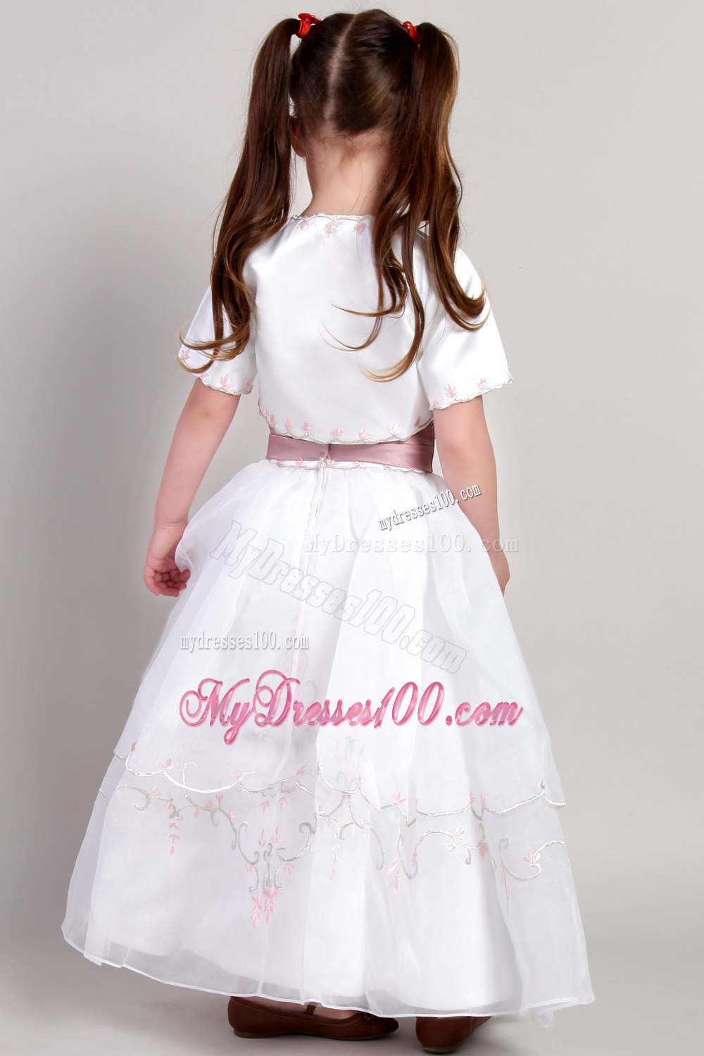 White A-line Square Ankle-length Taffeta and Organza Embroidery Flower Girl Dress