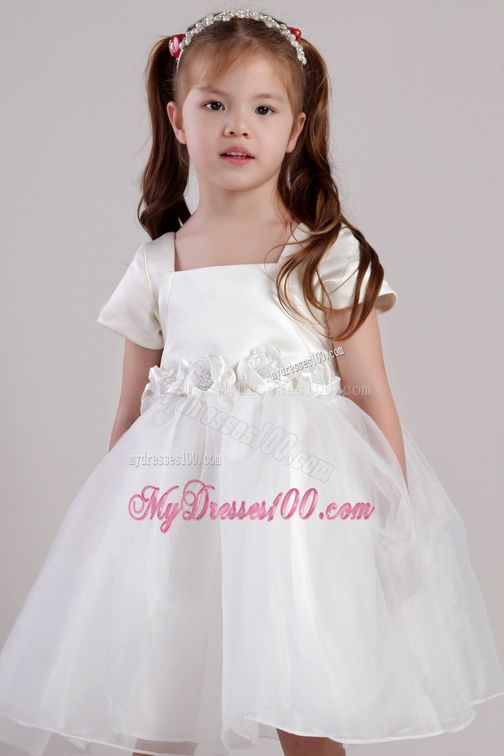 White A-line Square Knee-length Organza Handle Made Flowers Little Girl Dress