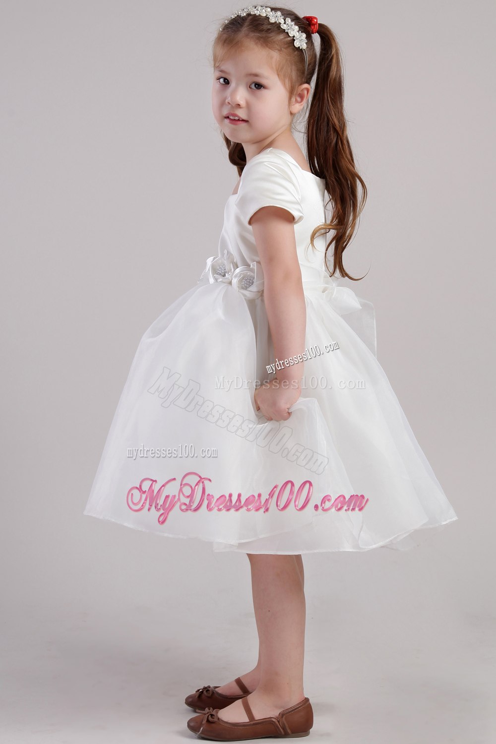 White A-line Square Knee-length Organza Handle Made Flowers Little Girl Dress