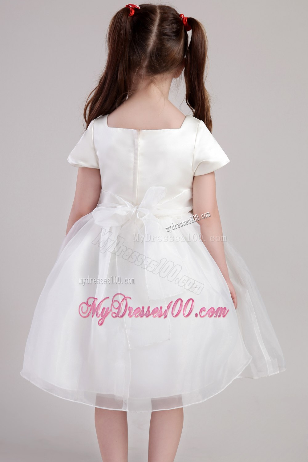 White A-line Square Knee-length Organza Handle Made Flowers Little Girl Dress