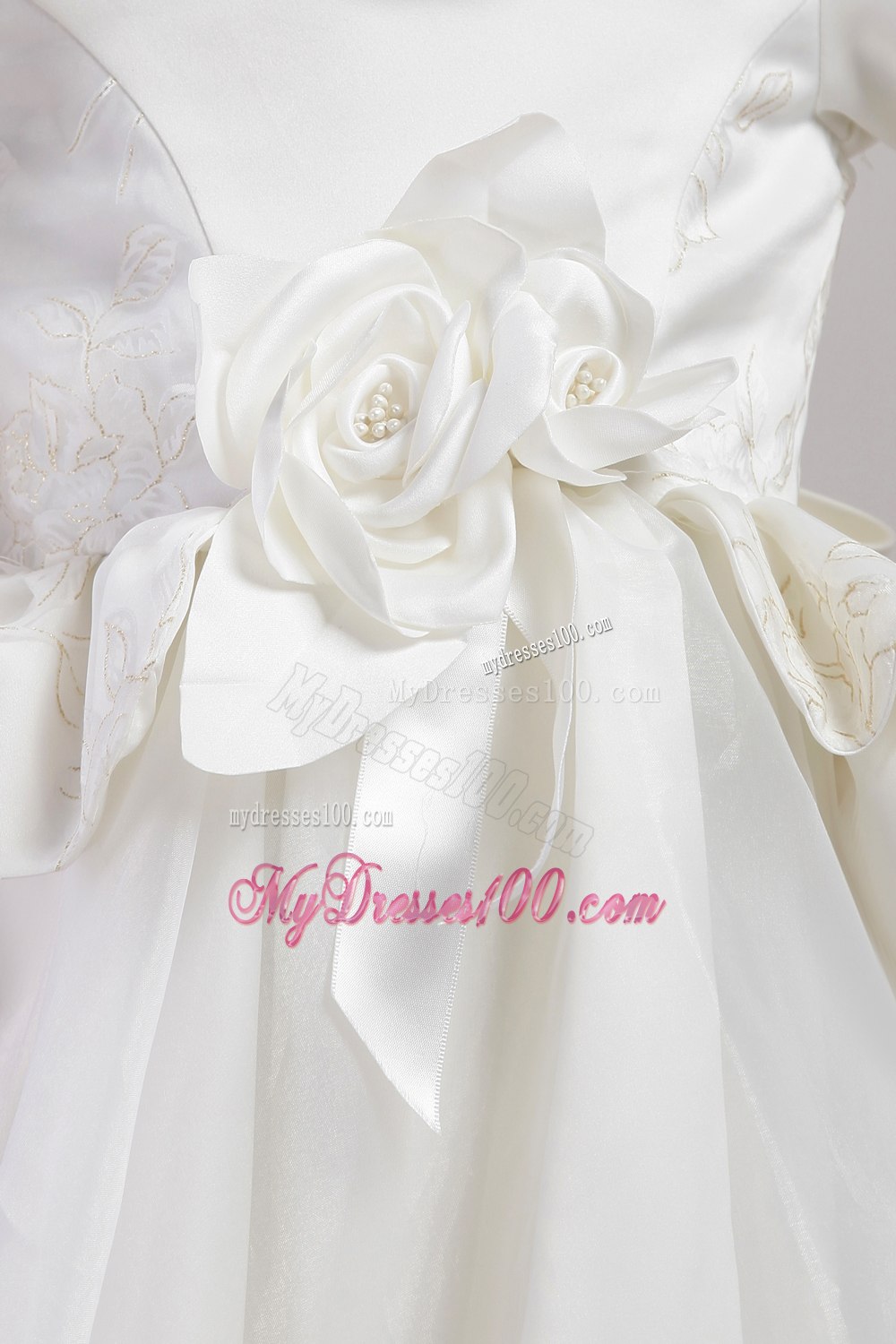 White A-line Square Knee-length Organza and Taffeta Embroidery and Handle Made Flowers Little Girl Dress